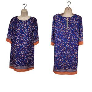 Everly Womens Blue/Orange Diamond Pattern Shift Dress Size Medium